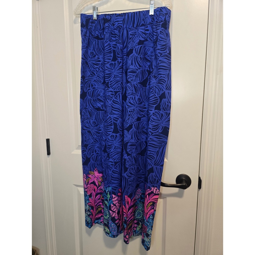 Lilly Pulitzer Wide Leg Pants Womens Small Blue Excellent Floral Palm Print